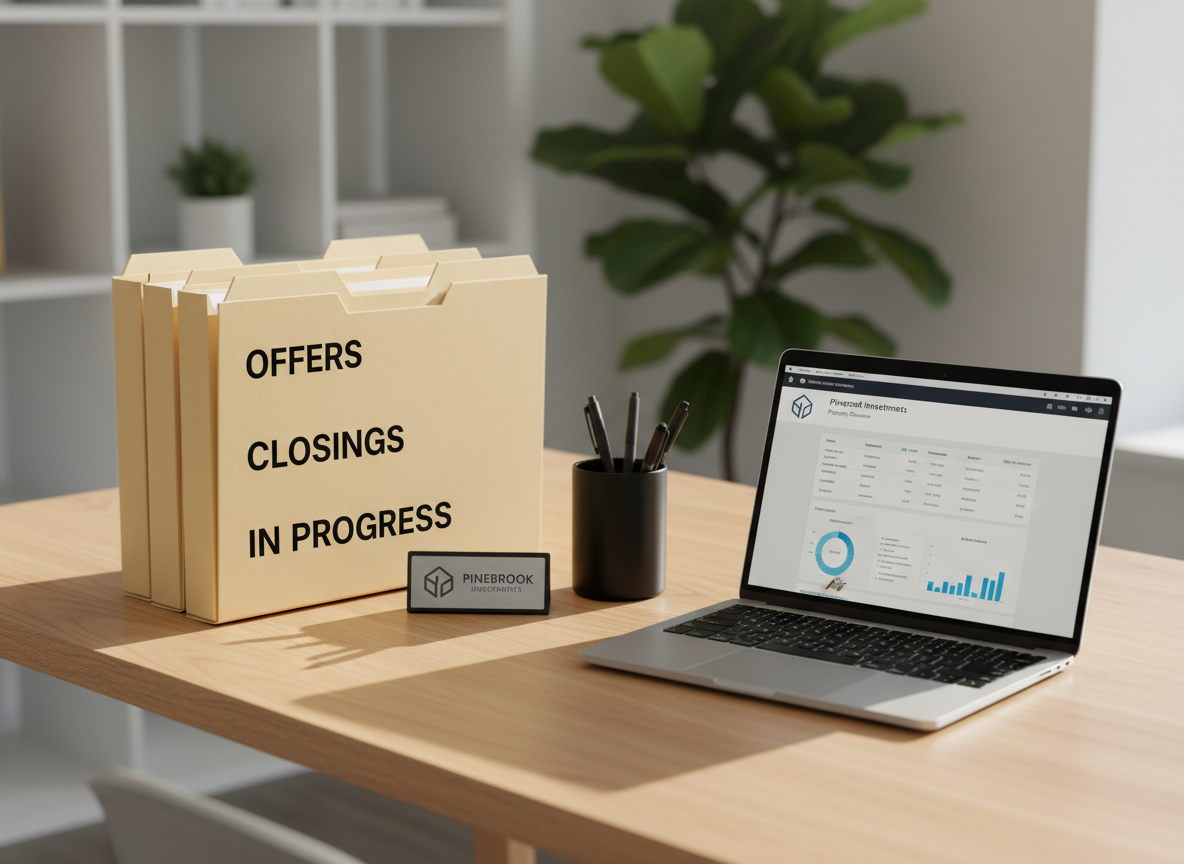 A minimalist, modern home office setup used by a real estate investment company, featuring a smooth light-wood desk, a slim silver laptop displaying a clean property dashboard, and neatly stacked folders labeled "Offers," "Closings," and "In Progress." A small, tasteful Pinebrook Investments logo plaque rests beside a matte-black pen holder. Natural daylight streams in from an unseen window to the right, creating gentle highlights on the desk surface and soft shadows behind the objects. Photographic realism with a clean, professional aesthetic, captured at a slightly elevated three-quarter angle. Background elements are softly blurred to keep focus on the workspace. The mood is organized, efficient, and trustworthy, conveying a streamlined process for selling houses quickly.