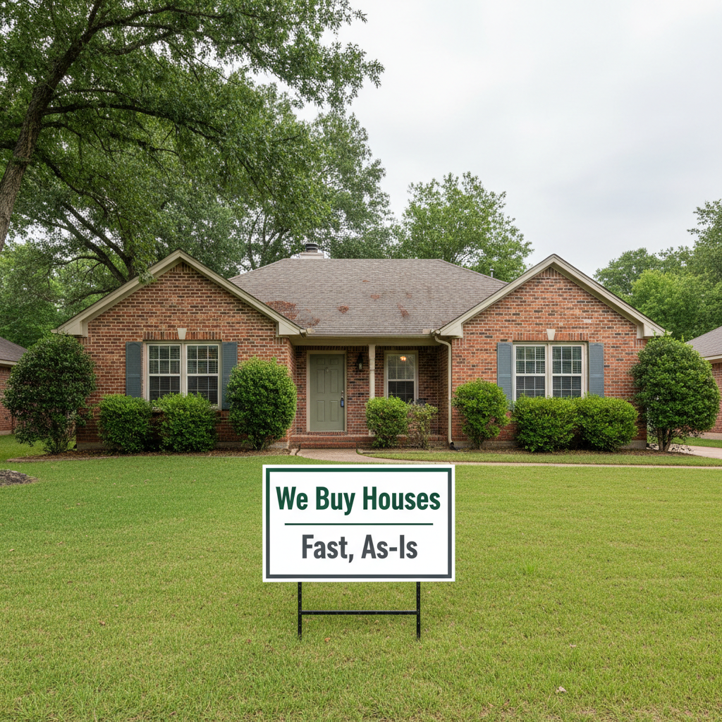 A tidy, moderately sized brick home with a well-kept yard, centered around a large, sleek white yard sign that reads "We Buy Houses – Fast, As-Is" in professional dark green and charcoal lettering. The house exterior shows slightly dated windows and an older roof, suggesting a property ready for a quick sale. Soft overcast daylight creates even, diffused lighting without harsh shadows, emphasizing clarity and honesty. Photographic realism from a slightly elevated angle, with a subtle depth of field keeping the house and sign in clear focus. The mood is straightforward, trustworthy, and solution-oriented, ideal for real estate investors who provide quick sales options.