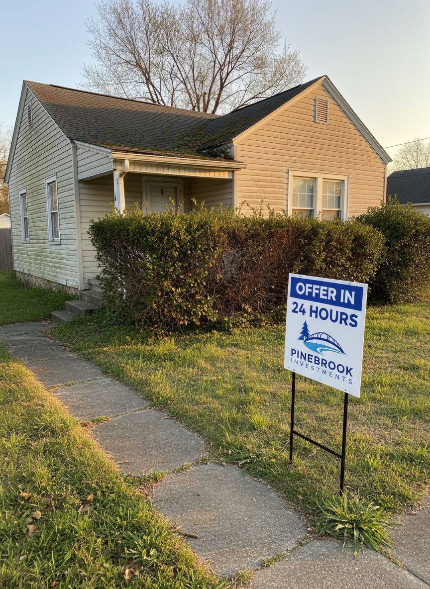 A cozy, slightly dated single-story home with faded beige siding, a cracked concrete walkway, and an overgrown front hedge, clearly in need of some care. In the foreground, a freshly placed, modern yard sign reads "Offer in 24 Hours" with the Pinebrook Investments logo, standing out against the imperfect surroundings. The scene is lit by soft golden-hour sunlight, giving warmth and optimism to the property despite its wear. Photographic realism from an eye-level perspective, with the house framed to the left and the sign to the right in a balanced composition. The mood is hopeful and reassuring, emphasizing that even distressed properties can be sold quickly and professionally.