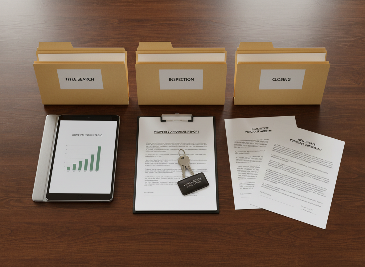 An overhead photographic view of a polished dark-wood conference table with neatly arranged real estate documents, a detailed property appraisal, a printed purchase agreement, and a set of labeled manila folders reading "Title Search," "Inspection," and "Closing." A tablet rests nearby, displaying a simple house valuation chart in green and gray. A pair of brushed metal house keys on a branded Pinebrook Investments keychain lies near the center. Soft, even studio-style lighting illuminates the table, creating subtle reflections on the smooth surface and crisp shadows along the paper edges. The composition uses a flat-lay style with sharp focus across the frame, creating a professional, methodical atmosphere that suggests a precise, reliable selling process without any people present.