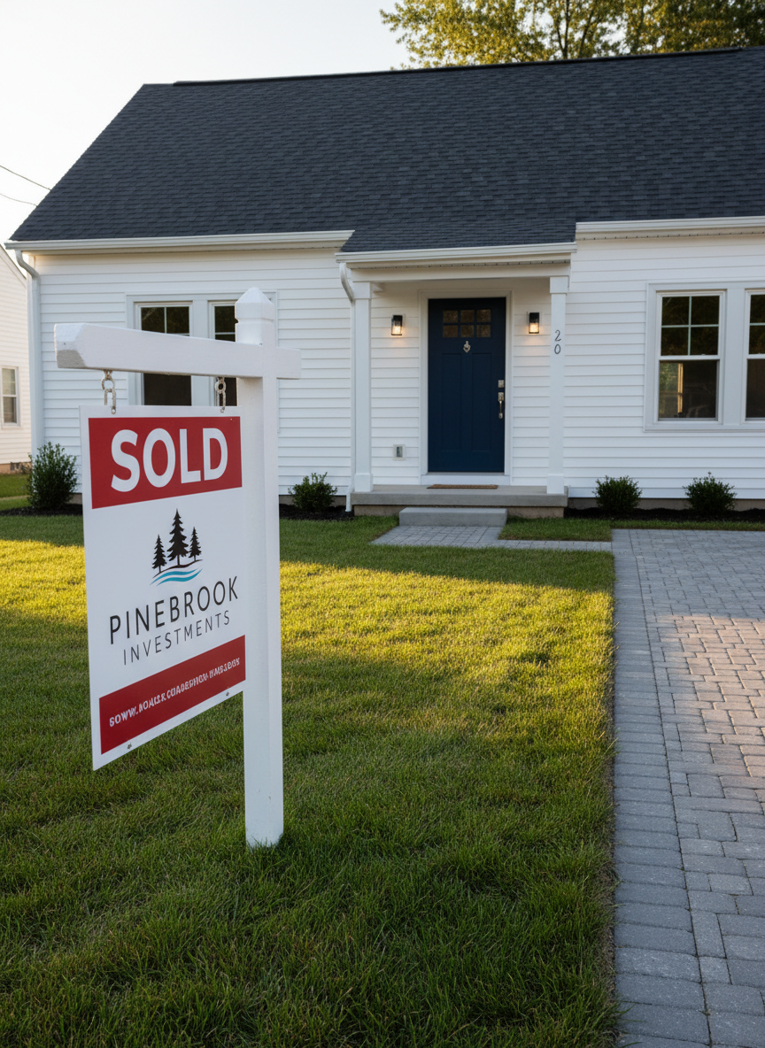 A freshly renovated suburban house with crisp white siding, dark charcoal roof, and a neatly manicured front lawn, featuring a bold navy-blue front door with a polished metal handle. A professional-looking "SOLD" sign with the Pinebrook Investments logo stands firmly in the foreground, planted in lush green grass. The scene is bathed in soft late-afternoon natural light, casting gentle shadows along the driveway and walkway. Photographic realism with a clean, modern aesthetic, captured at eye level using the rule of thirds, with sharp focus on the sign and home. The mood is confident and reassuring, conveying reliability and fast, successful home sales.